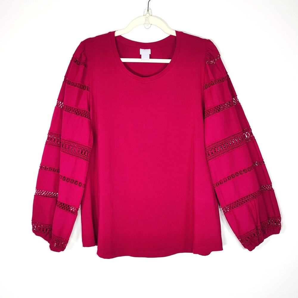 Chico's Cotton Balloon Sleeve Lace Trim Blouse Raspberry Pink Size 2 12 14